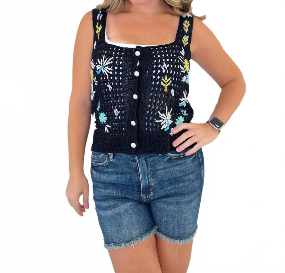 NEW WHITE BIRCH floral knit pearl button tank in black